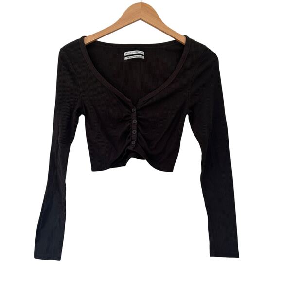 Urban Outfitters Black Ribbed Ruched Long Sleeve Crop Top Sz M - Picture 1 of 4